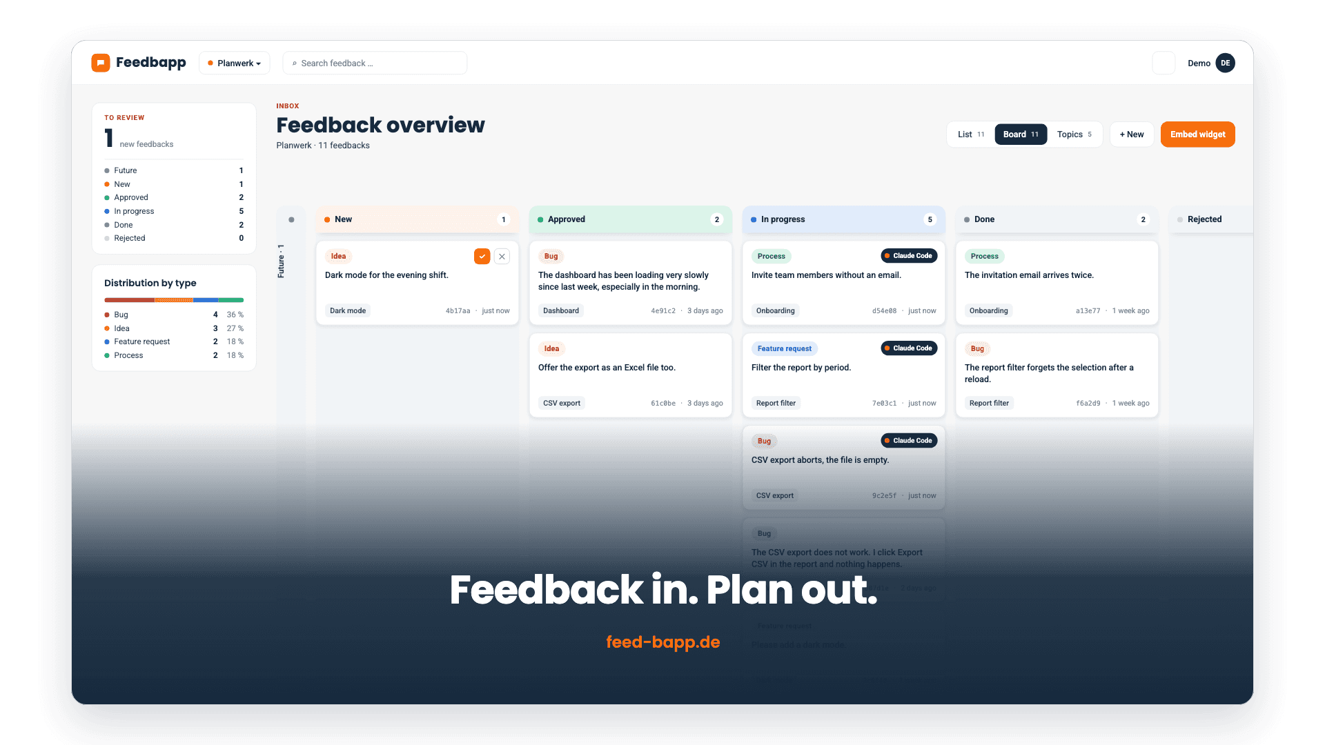 Still from the explainer video: the Feedbapp board with classified cards