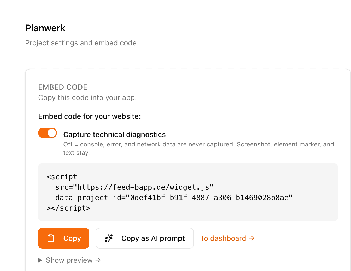 Project settings with the embed code to copy