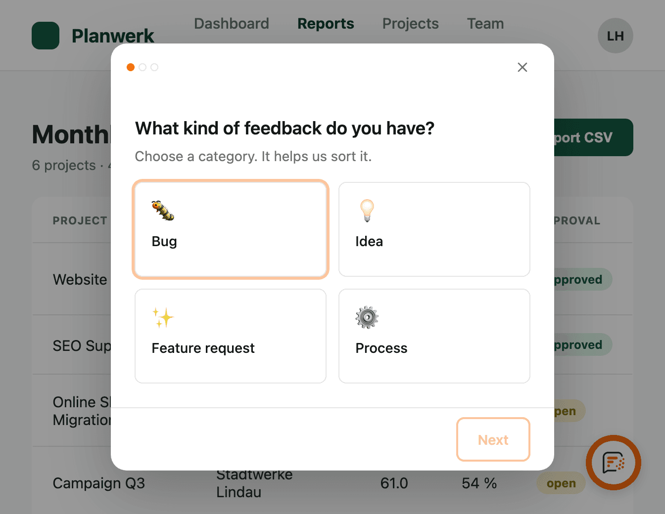 The feedback widget with four categories on an example page