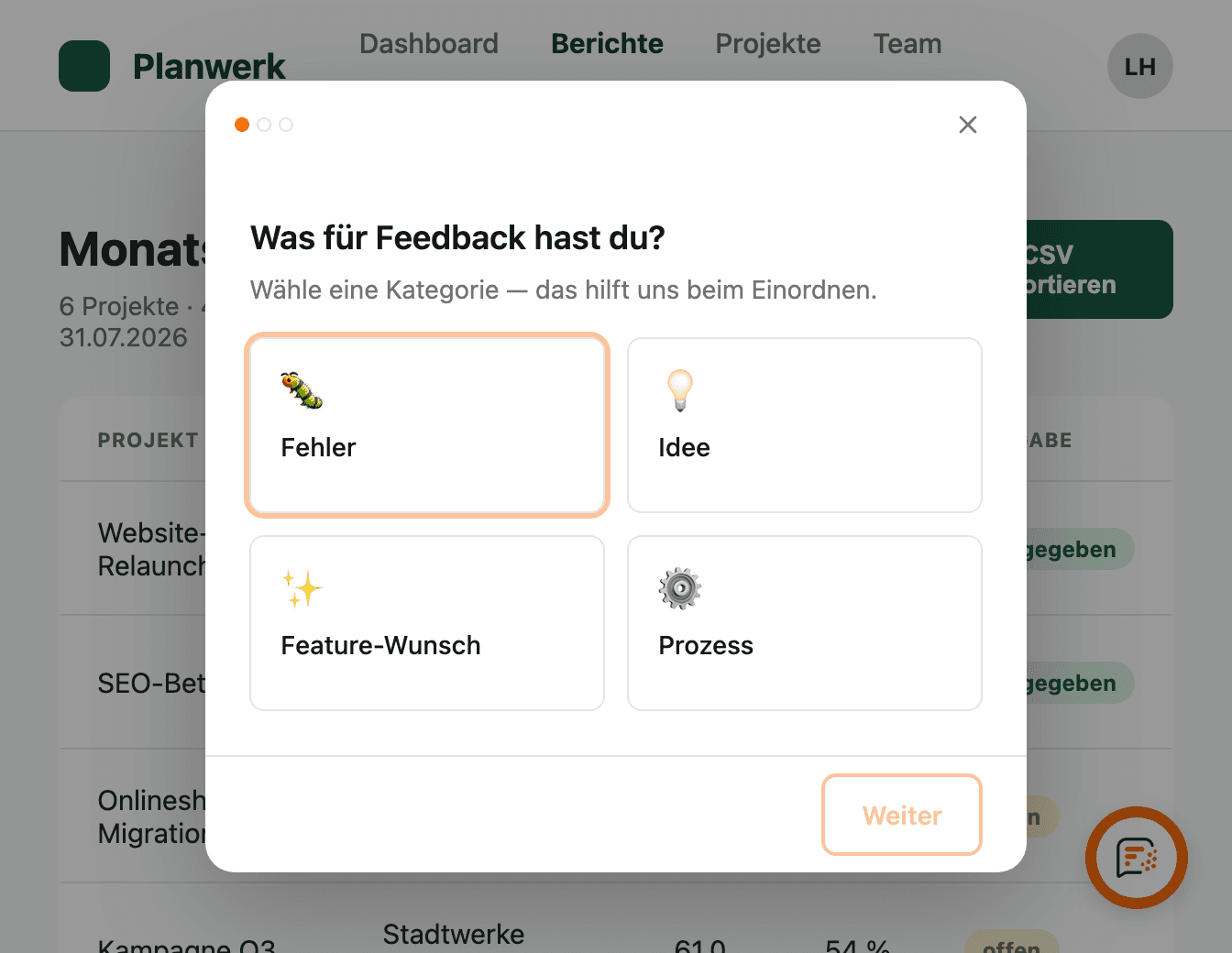 Das Feedback-Widget mit vier Kategorien auf einer Beispielseite