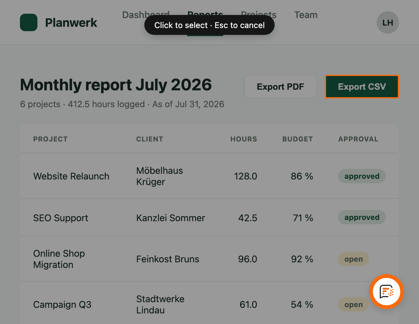 A clicked element gets marked on the page and captured as a screenshot