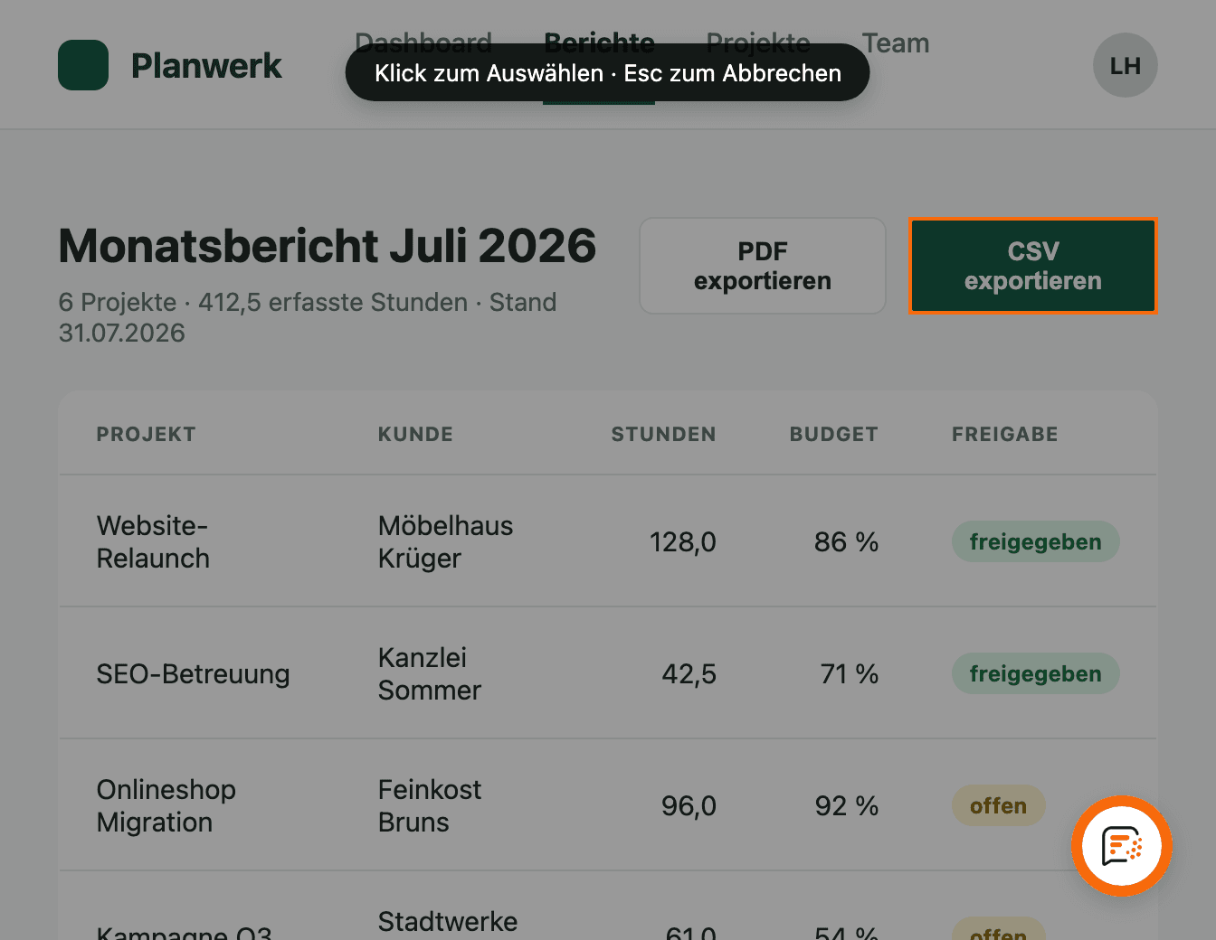 Ein angeklicktes Element wird auf der Seite markiert und als Screenshot erfasst