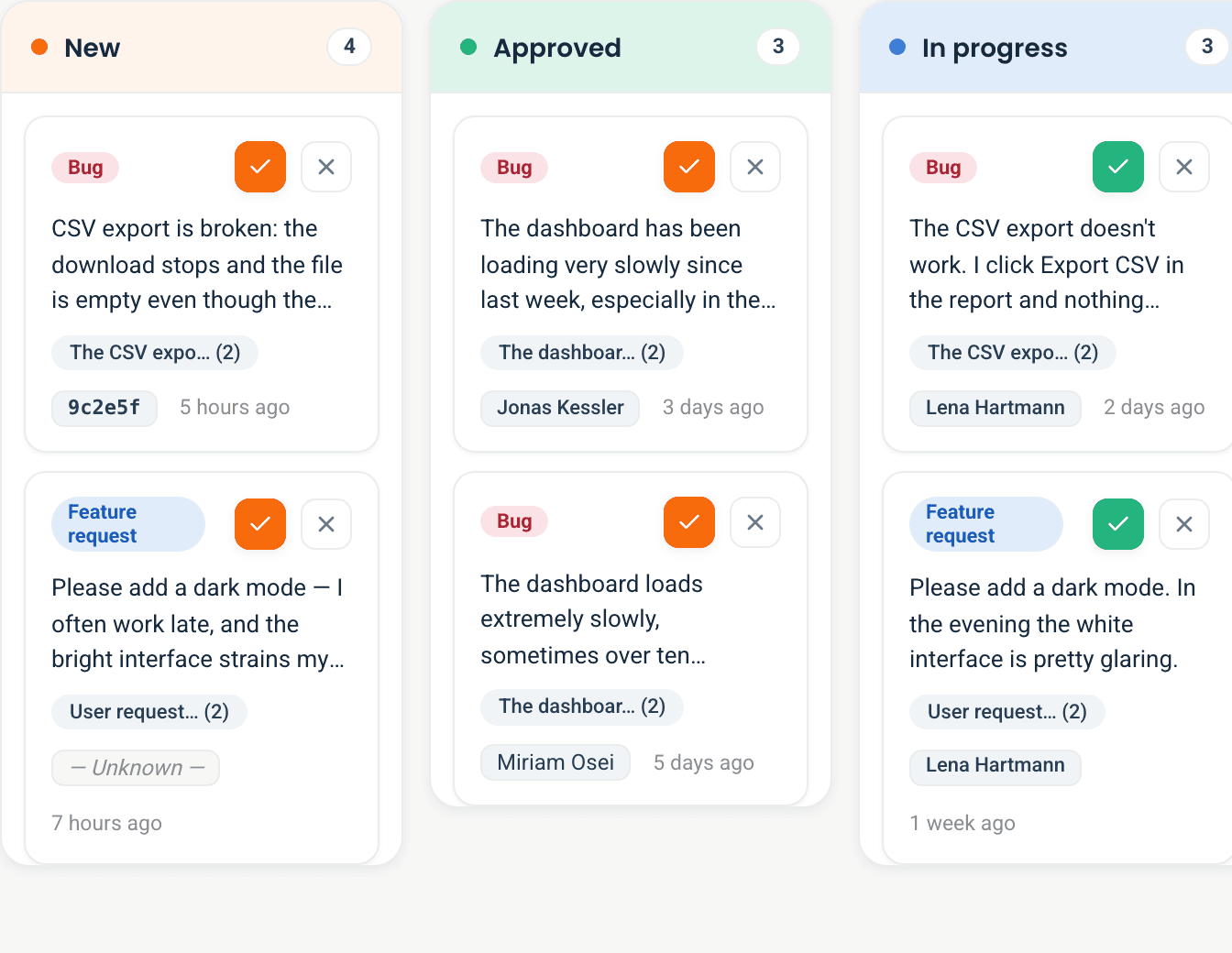 The board with six status columns and topics sorted by weight