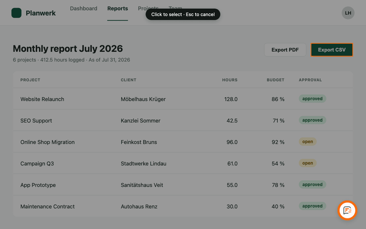 Screenshot of the reported page: report view with a CSV export button
