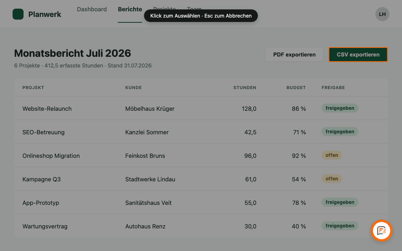 Screenshot der gemeldeten Seite: Berichtsansicht mit CSV-Export-Knopf